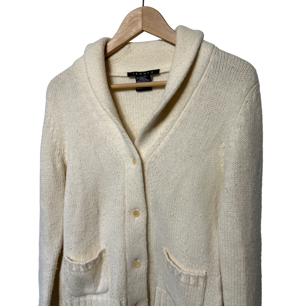 Theory Wool‎ Blend Shawl Collar Button Front Cardigan Sweater Ivory Size Medium